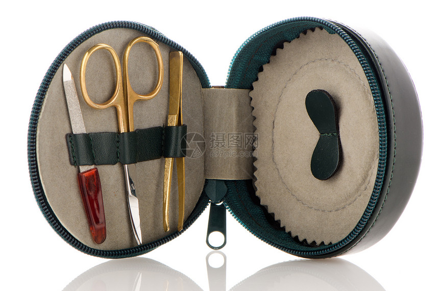 小型绿色皮革旅行护理小包工具刀具剪刀治疗盒子化妆品美甲金属抛光口袋图片