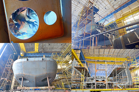 造船码头制造业船台起重机船尾焊机建造建筑船道金属背景图片