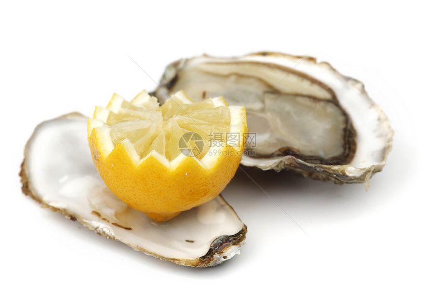 牡蛎和白柠檬托盘海鲜壳类宏观食物柠檬奢华午餐贝类饮食图片