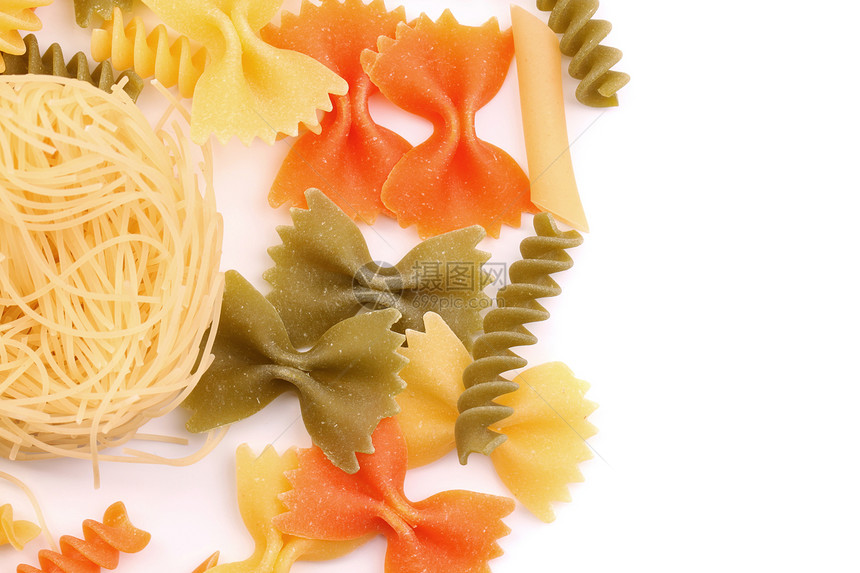 三种颜色的不同面条食物派对黄色橙子饺子营养品绿色框架三色螺旋图片