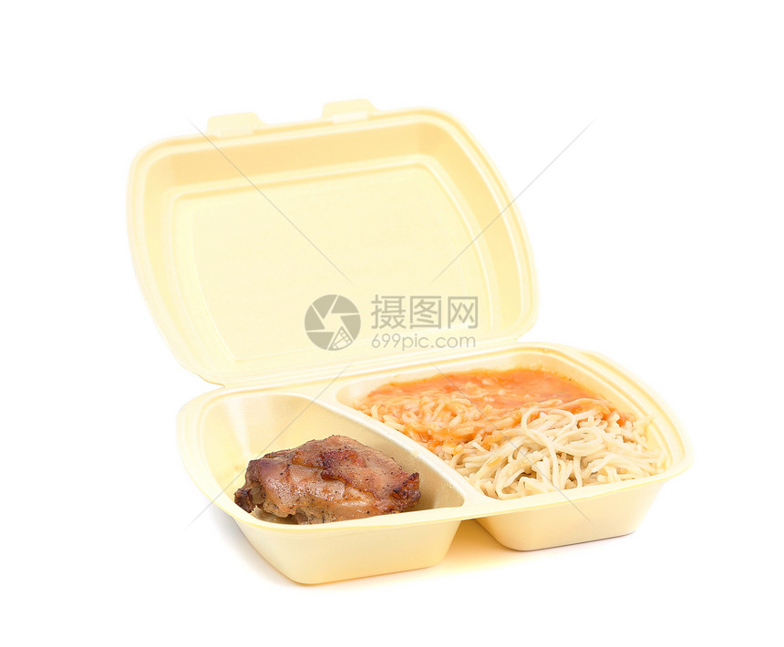 装在食品集装箱中面食鸡食物棕色盒子盘子送货面包肉丸黄色课程白色图片