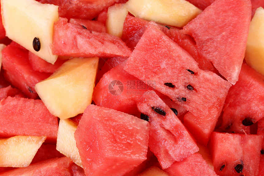 一系列切片西瓜和瓜沙拉盘子摄影种子水果热带饮食维生素水样食物图片