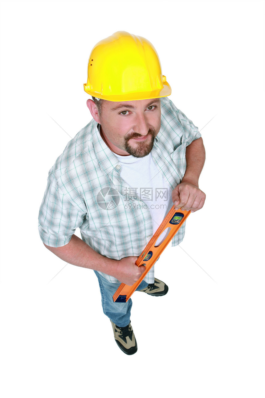 具有精神水平的工人电工熟练工管道工作男人贸易帽子建设者安全帽木匠图片