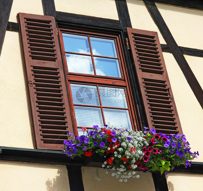 窗口 有百叶窗和一盒不同彩色花朵图片