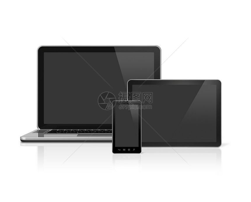 笔记本电脑 移动电话和数字平板电脑反射全球通讯技术数位板白色网络屏幕商业互联网图片