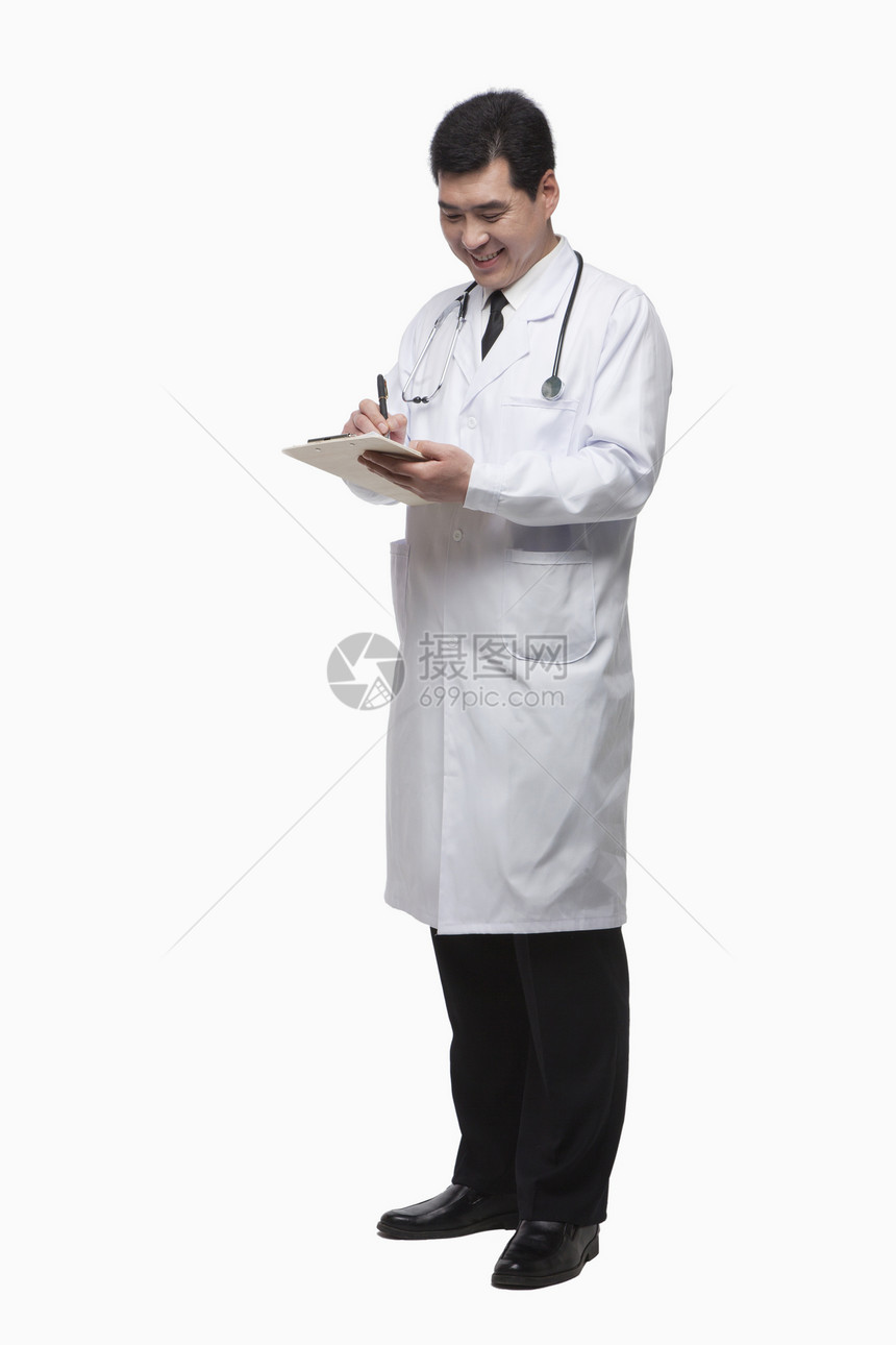 医生写书医疗记录全长的外形影棚摄影微笑男性关心领带药品黑发医学短发图片