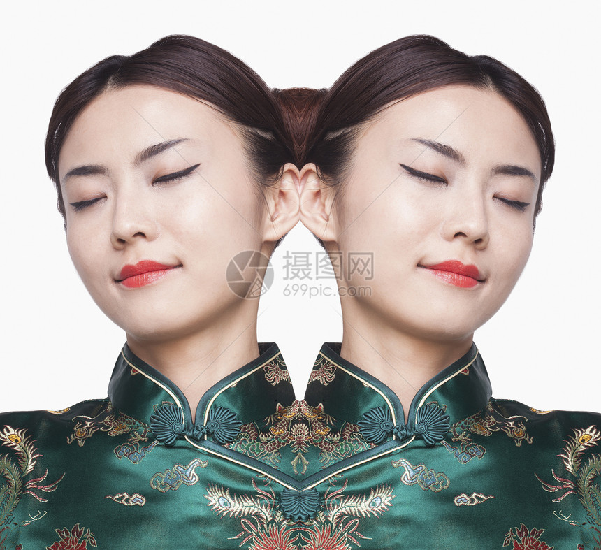 Qipao数字综合公司青年妇女旗袍女性幸福摄影影棚眼睛表情人体快乐扇子图片