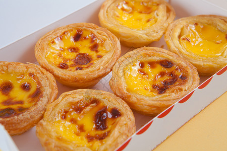 葡萄牙语葡式蛋挞饼干甜点盒子糕点美食食谱早餐馅饼面包盘子背景