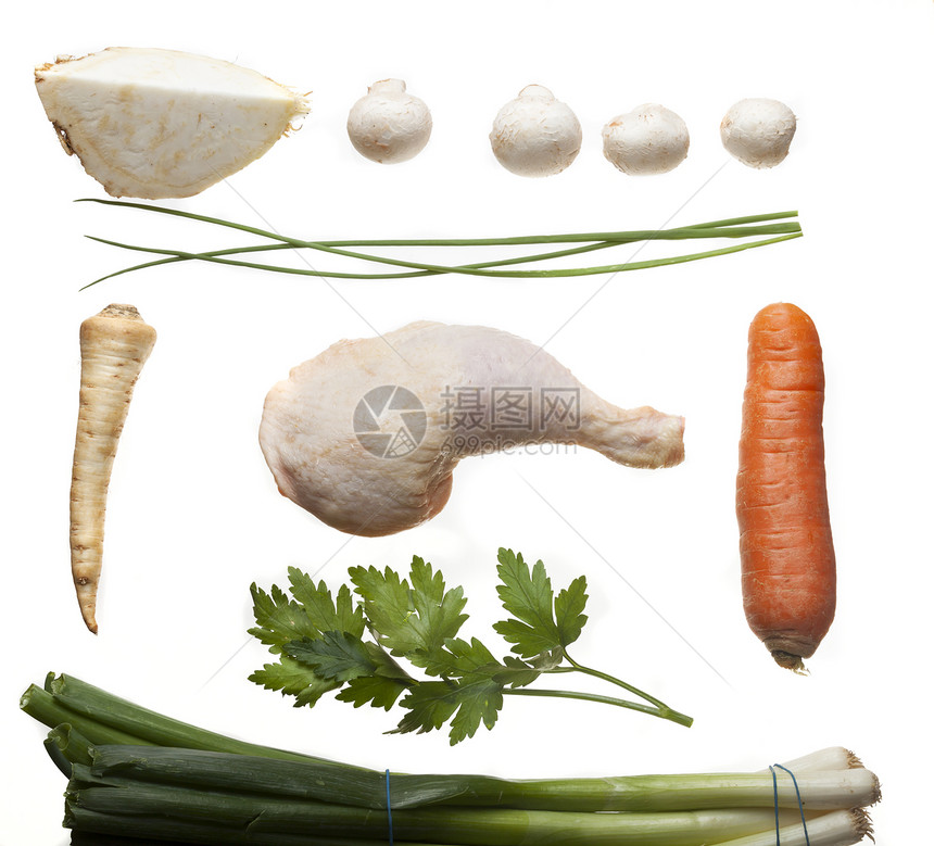 鸡汤成分的成分香葱芹菜蔬菜基数白色烹饪香菜洋葱食物韭葱图片