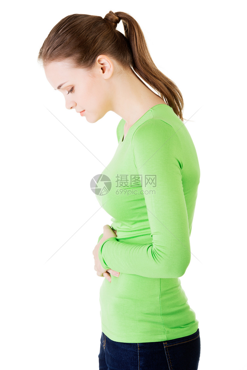有胃病的年轻女性腹痛痛苦疾病白色压力地面药品成人伤害经期图片