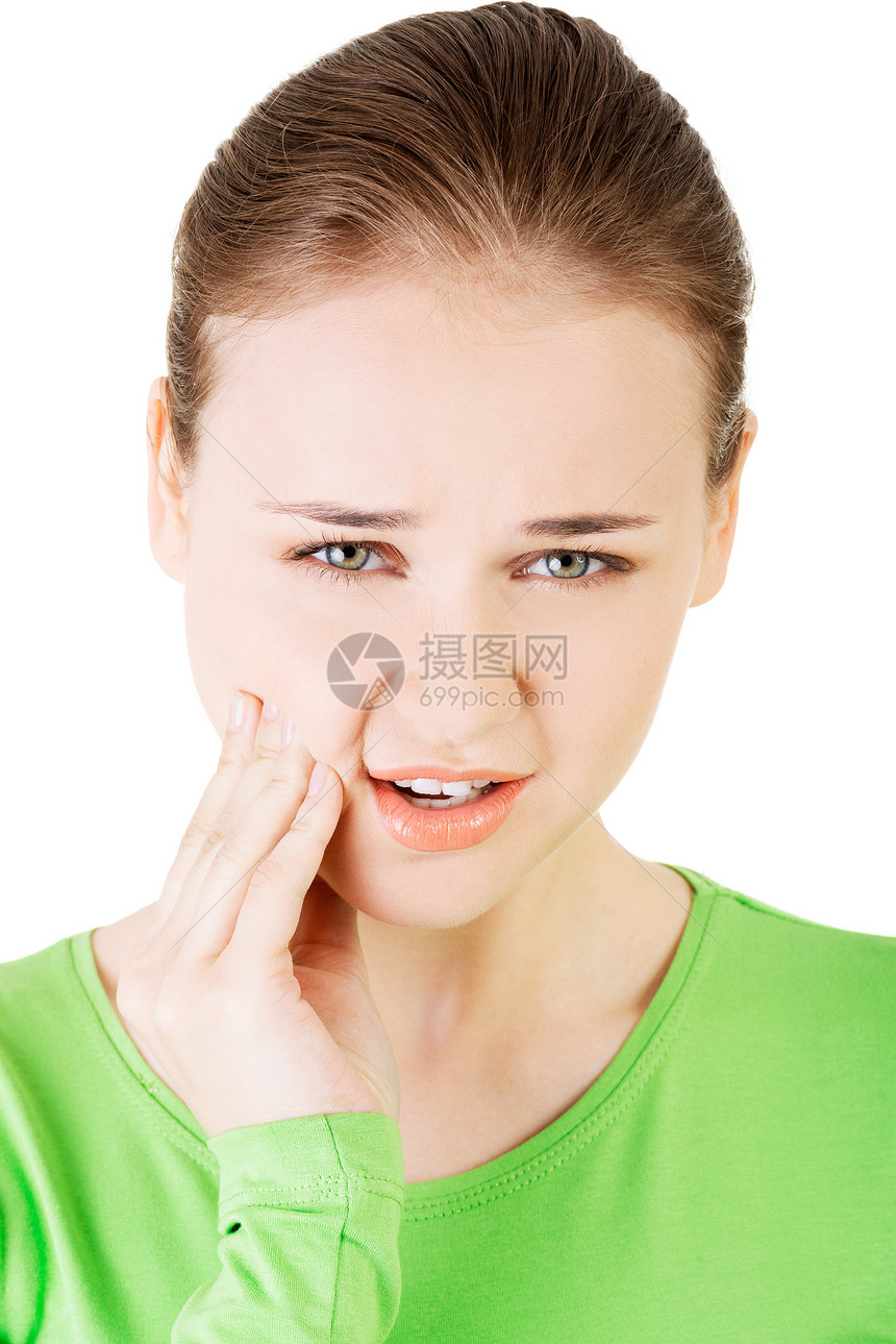 年轻女人牙疼得要命工作室灵敏度悲伤痛苦药品脸颊医疗白色牙科疾病图片