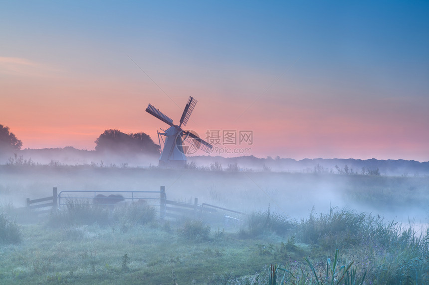荷兰风车在浓密的晨雾中图片