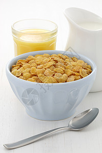 美味的玉米片早餐小吃橙汁粮食奶制品营养玉米产品纤维牛奶麦片背景图片