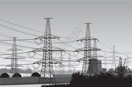 高压螺丝电线阴影技术插图力量高架电力站高压导体黑与白电缆插画