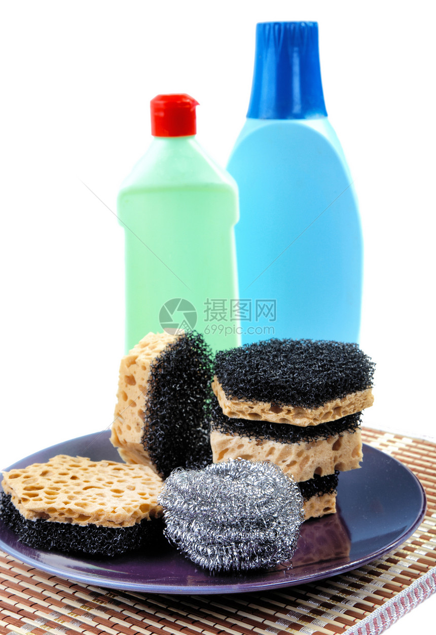 用于白色背景洗碗的厨房用海绵纤维厨具清洁工毛孔橡皮家庭公用事业卫生织物洗涤剂图片