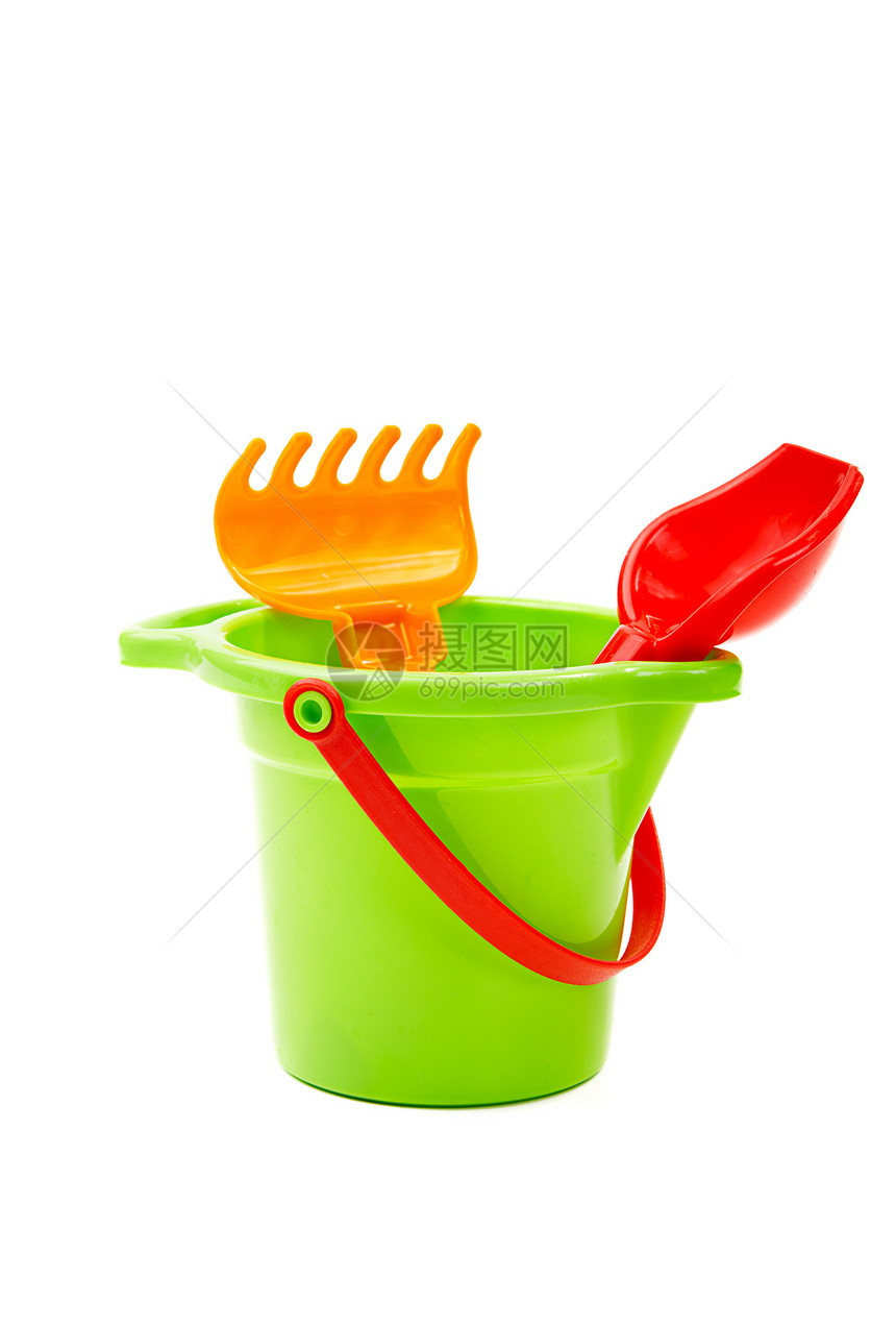 儿童玩具桶式铁铲和塑料闲暇红色绿色童年娱乐沙箱乐趣图片