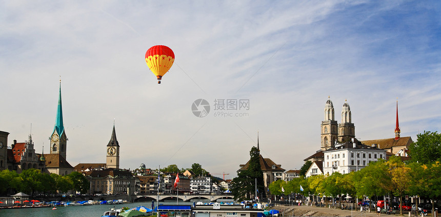 苏黎世市景的主要地标旅游航班反射运河建筑学天线渠道精神气球景观图片