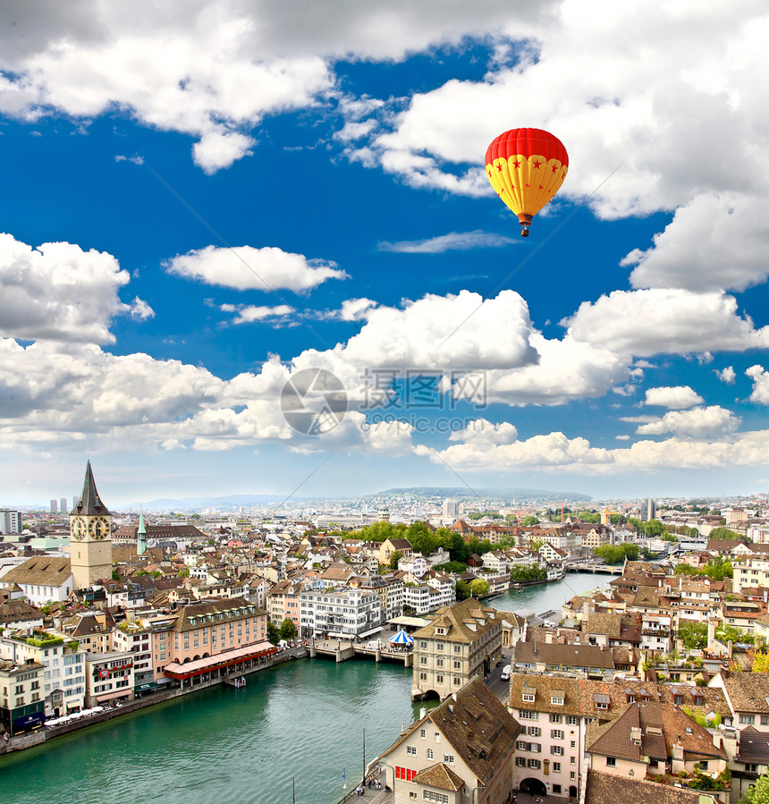 苏黎世市的空中航向地标教会空气气球渠道全景天线旅行建筑学工匠图片