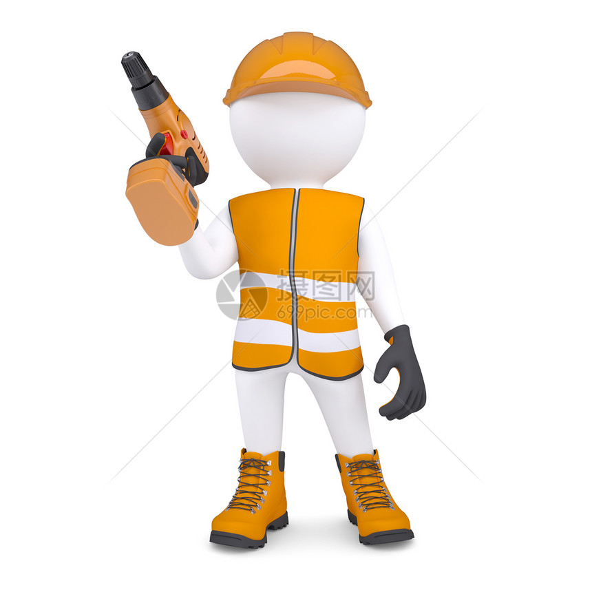 3个身穿内衣的白人男子穿着螺丝刀工程师帽子职业男人工业工作服力量白色手套建设者图片
