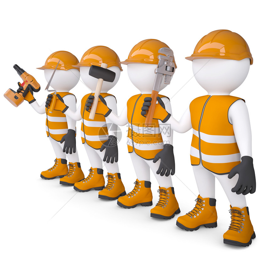 4个3D白人男子穿着带工具的内衣工作服工程师职业机器管道衣服扳手乐器帽子建设者图片