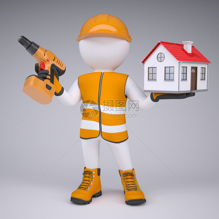 穿着螺丝起子和房子的3D男子背心男人乐器力量承包商工具小屋工程师建设者职业图片