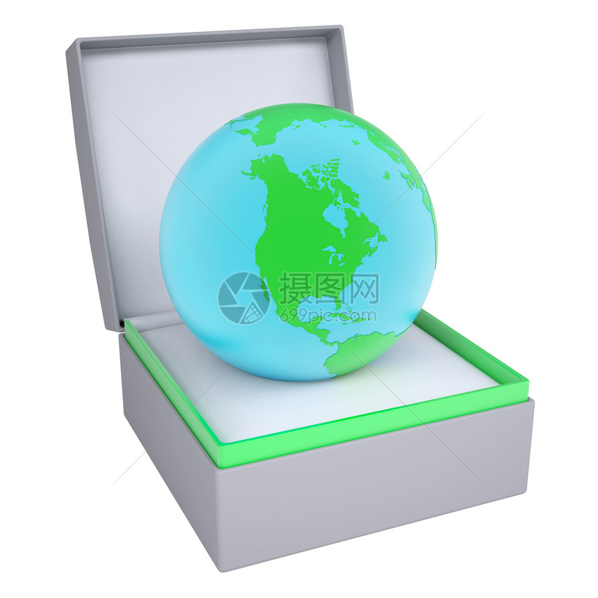 在开放礼品盒中的地球优雅文明空白展示正方形灰色财富生态纪念品行星图片