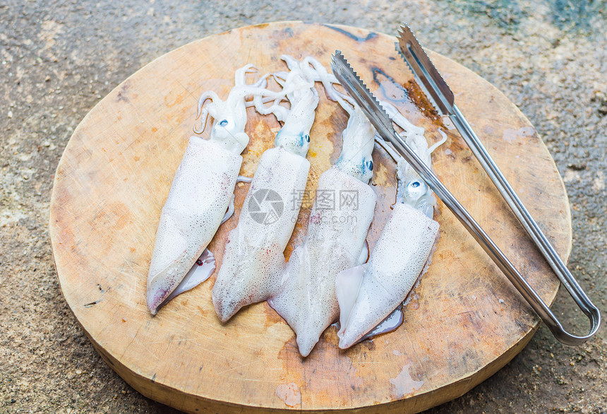 切碎块上的鱿鱼团体脊椎动物软体白色动物章鱼厨房乌贼生活棕色图片