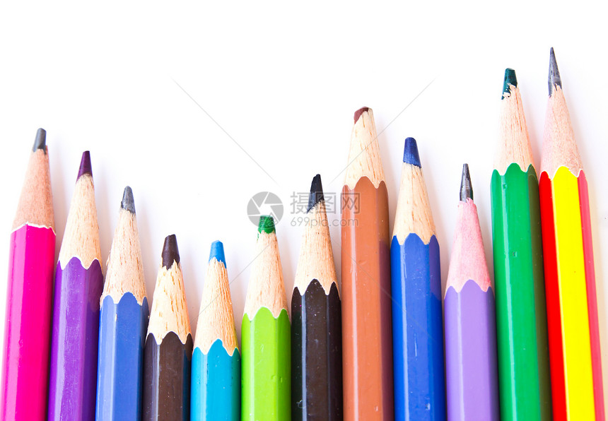 孤立的彩色铅笔黄色乐器粉色教育蜡笔团体红色艺术彩虹大学图片