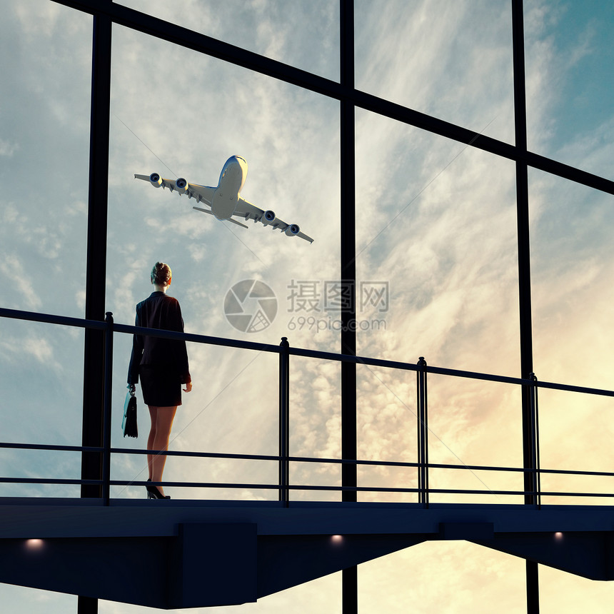 机场女商务人士航空飞机全景空气商业旅游案件手提包女士旅行图片