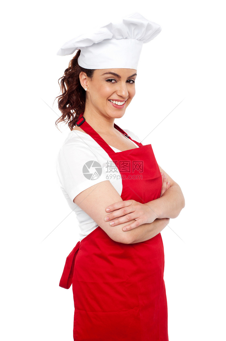 喜悦厨师的侧面观食谱快乐面包师食物餐厅围裙转矩面包帽子女性图片