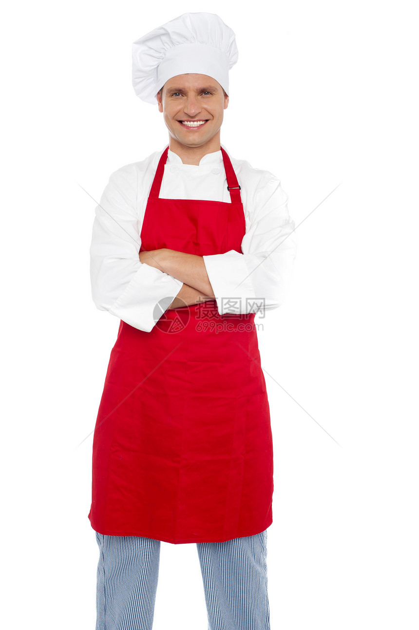 自信快乐的男厨师 用双臂交叉帽子餐饮面包男人工作食谱餐厅男性手势烹饪图片
