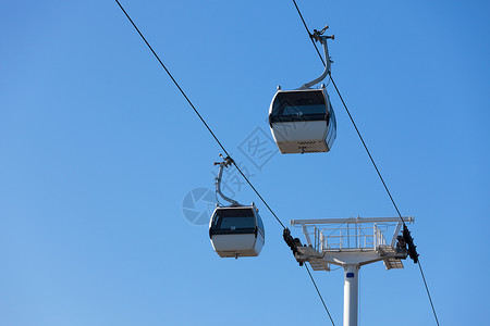 蓝色天空背景的有线汽车天线金属博览会地标旅游白色运输背景图片
