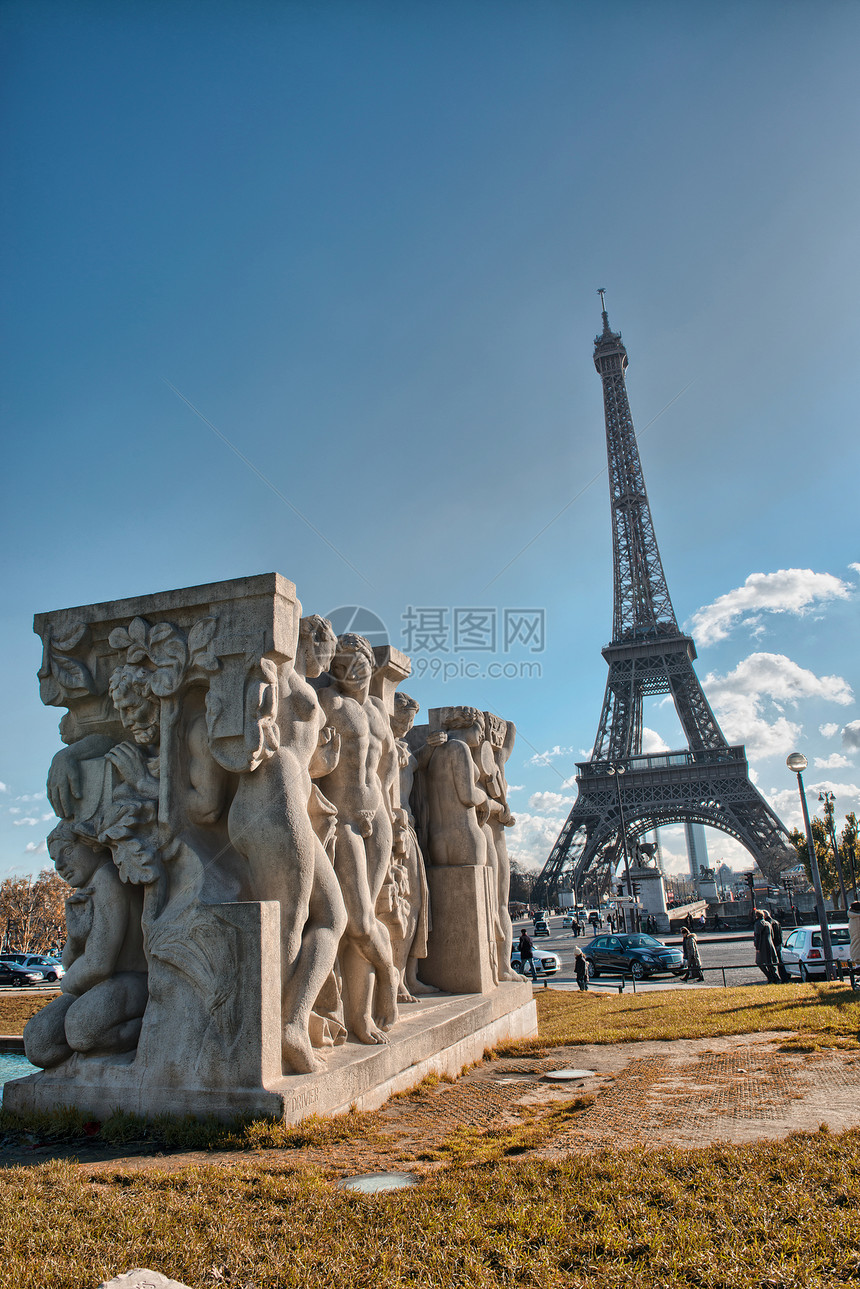巴黎 艾菲尔铁塔的景色 冬天游览艾菲尔蓝色首都阳光金属天空建筑观光假期旅行全景图片