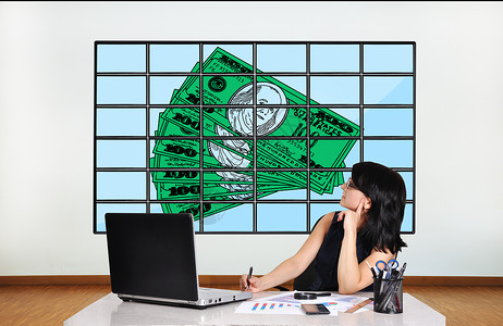 等离子体面板上的美元房间技术控制板展示屏幕手机办公室工作货币现金背景图片