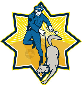 牵着警犬的警察警察警犬警犬队犬类警官艺术品火炬插图执法手电筒插画