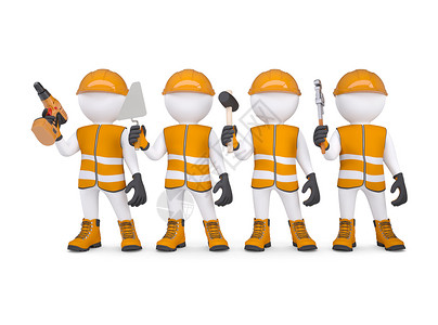 4个3D白人男子穿着带工具的内衣男人手套承包商建设者力量螺丝刀木偶管道扳手工人背景图片