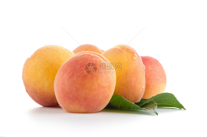 甜蜜桃子和叶子甜点农业剪裁宏观橙子工作室水果阴影白色图片