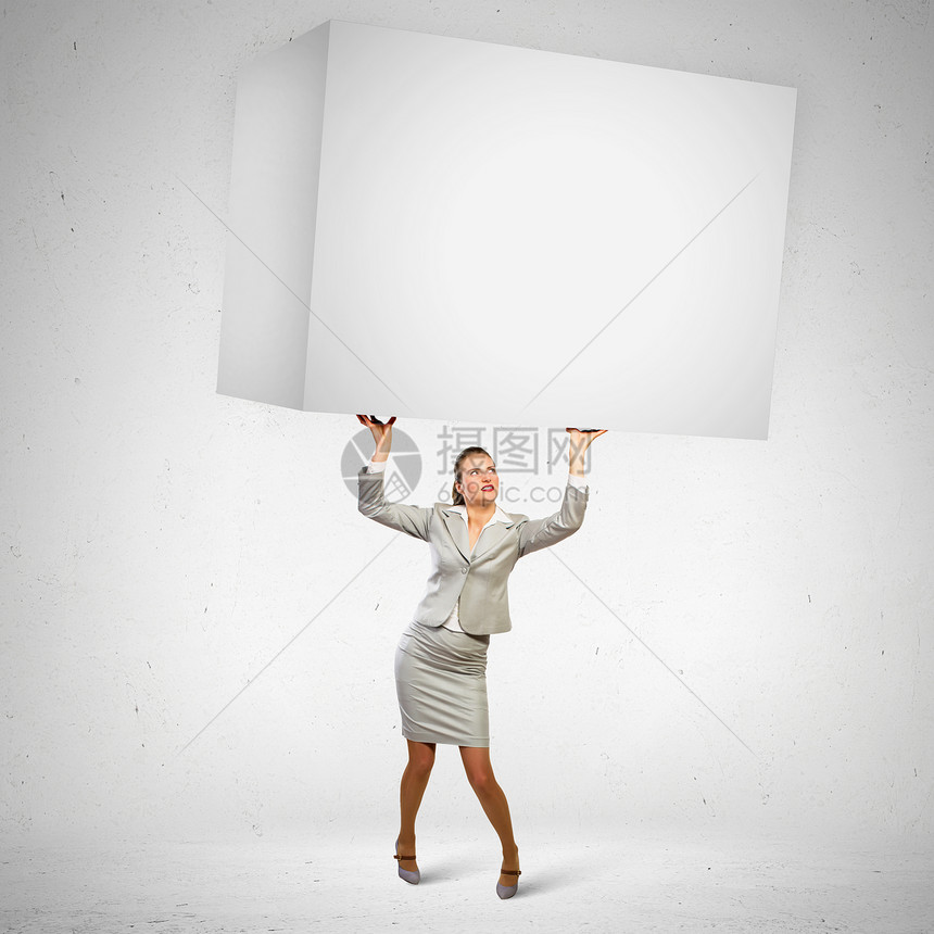 拥有重立方体的女商务人士人士海报广告商务重量广告牌白色横幅送货负担图片