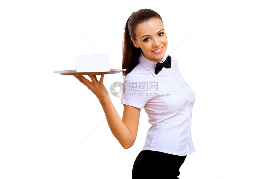 年轻女服务员 带空托盘女孩商业工作咖啡店酒精女性派对微笑午餐盘子图片