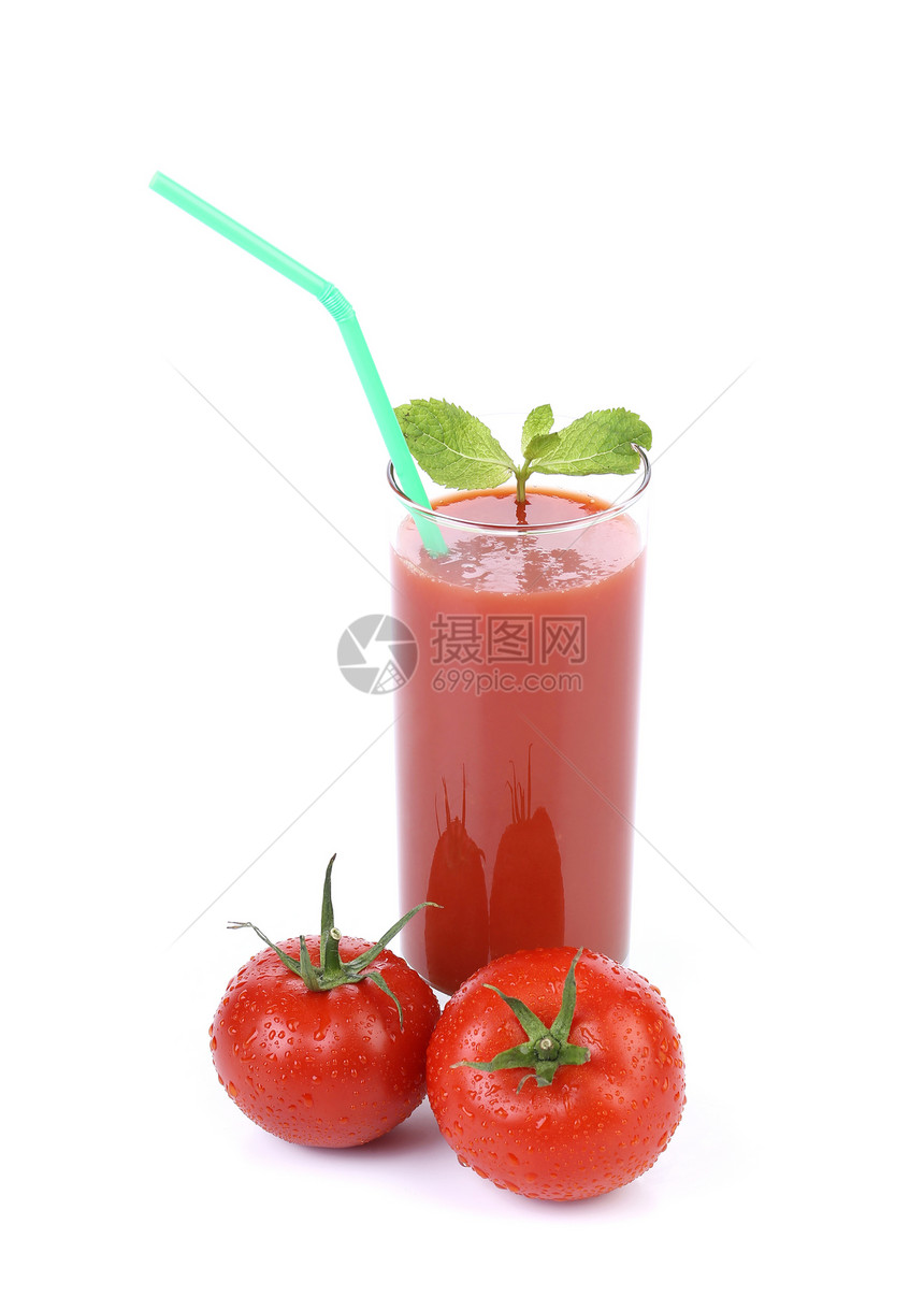 番茄和果汁玻璃白色饮食叶子器皿蔬菜食物绿色饮料红色图片