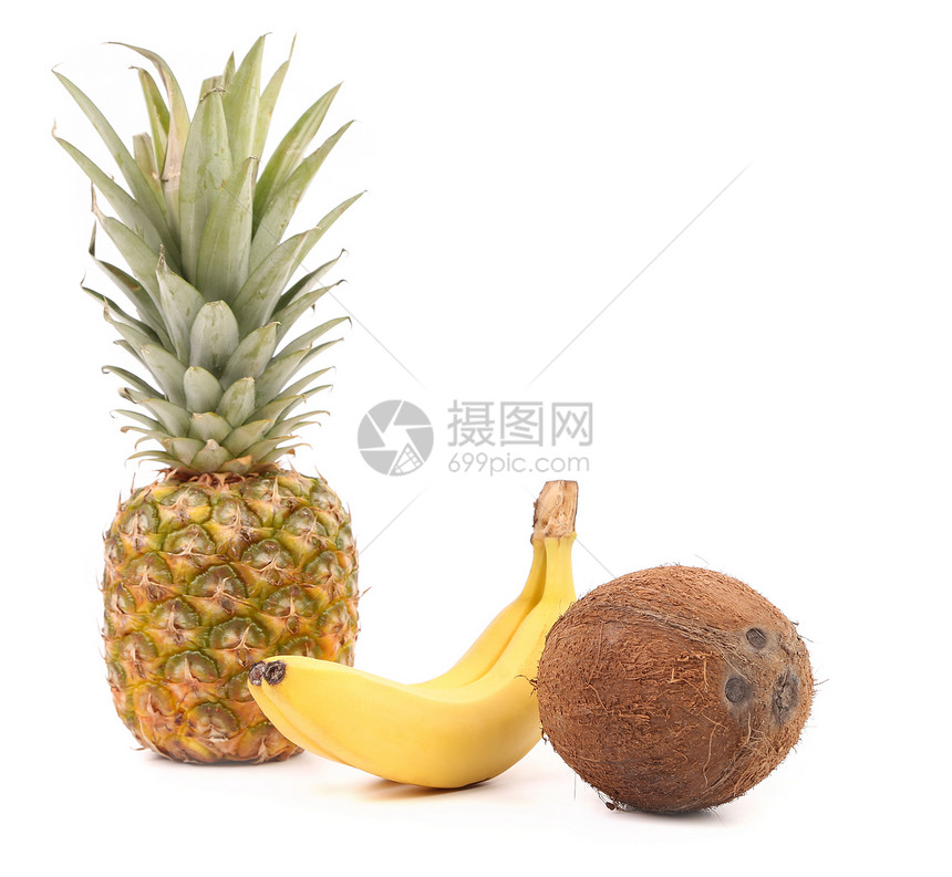 菠萝 椰子和香蕉甜食蔬菜绿色饮食水果棕色黄色养分食物白色图片