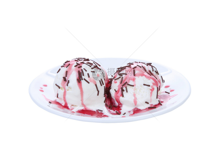 白冰淇淋和红雪糕卷曲白色食物水果甜点红色盘子覆盆子粉色牛奶图片