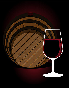 红葡萄酒酒窖玻璃或红葡萄酒加橡树缸插画