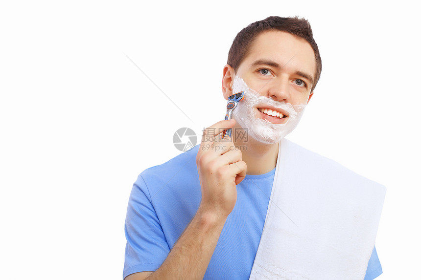 家里的年轻人刮胡子皮肤肩膀男性胡须摄影刮胡子浴室剃须刀奶油护理图片
