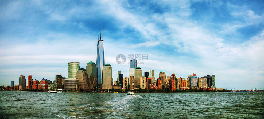 纽约市城市景观全景金融市中心摩天大楼码头天空旅行天际日出图片