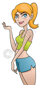 可爱的女士卡通片青少年金发涂鸦健身房女性黄头发马尾辫短裤绿色背景图片