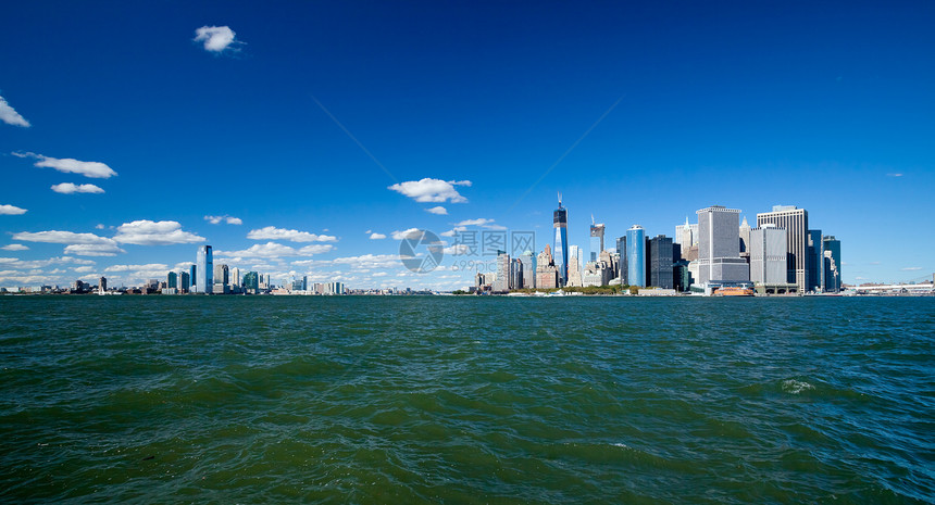 纽约市市中心 自由塔和新泽西州 新泽西码头商业日落天际摩天大楼国家全景海港市中心港口图片