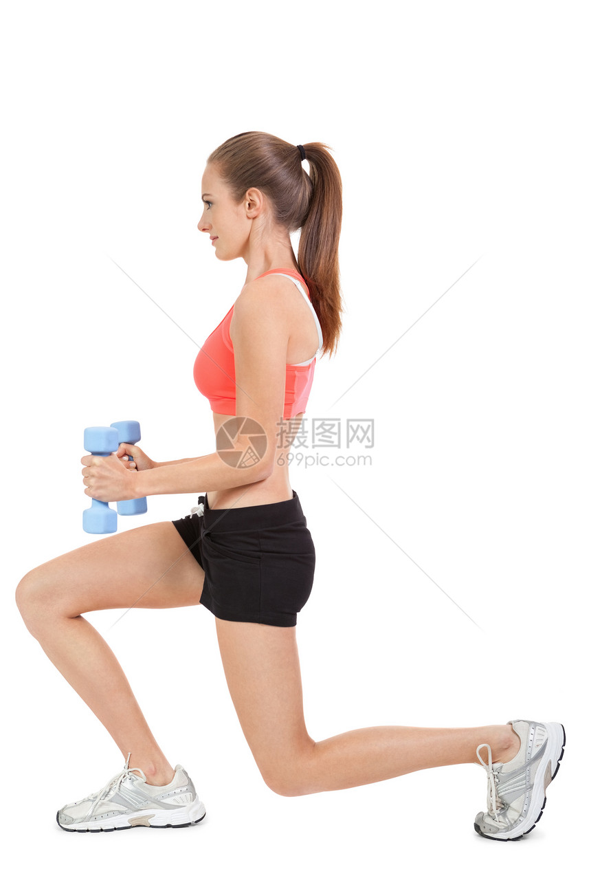 有吸引力的年轻女子在单独跑步后伸展腿部女孩肌肉哑铃体操活动重量瑜伽运动员平衡女士图片