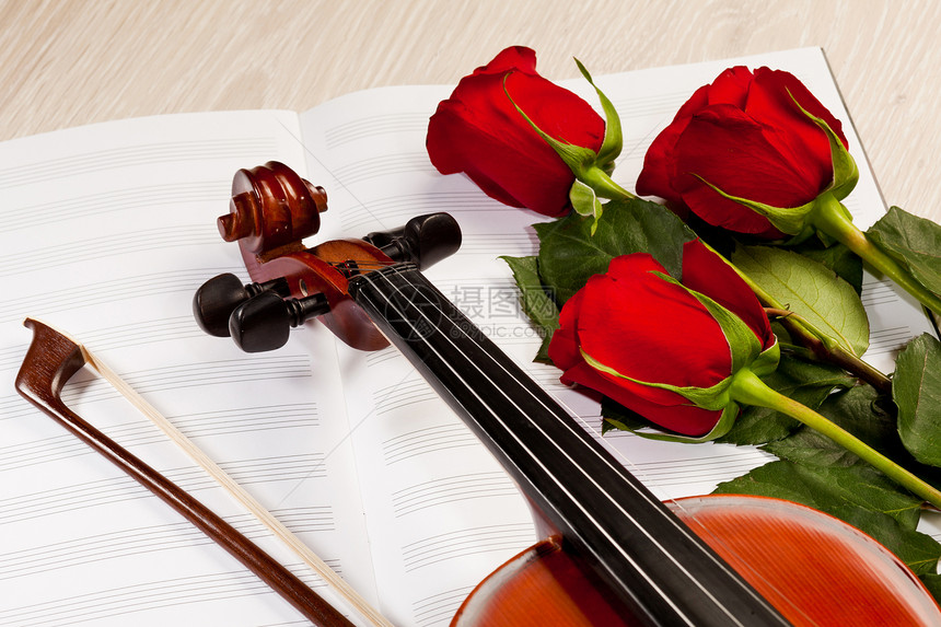 红玫瑰和小提琴木头床单乐器中提琴玫瑰艺术音乐纪念日浪漫作品图片