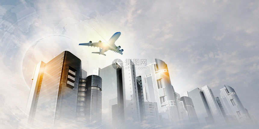 天空中的平地蓝色建筑学喷射街道摩天大楼公司旅行飞机客机办公室图片